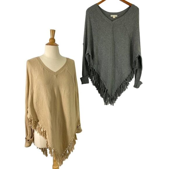 Double Zero SET OF 2 Knit Ponchos Fringe Hem Long Sleeve Tan Gray Soft Size S - Picture 1 of 12